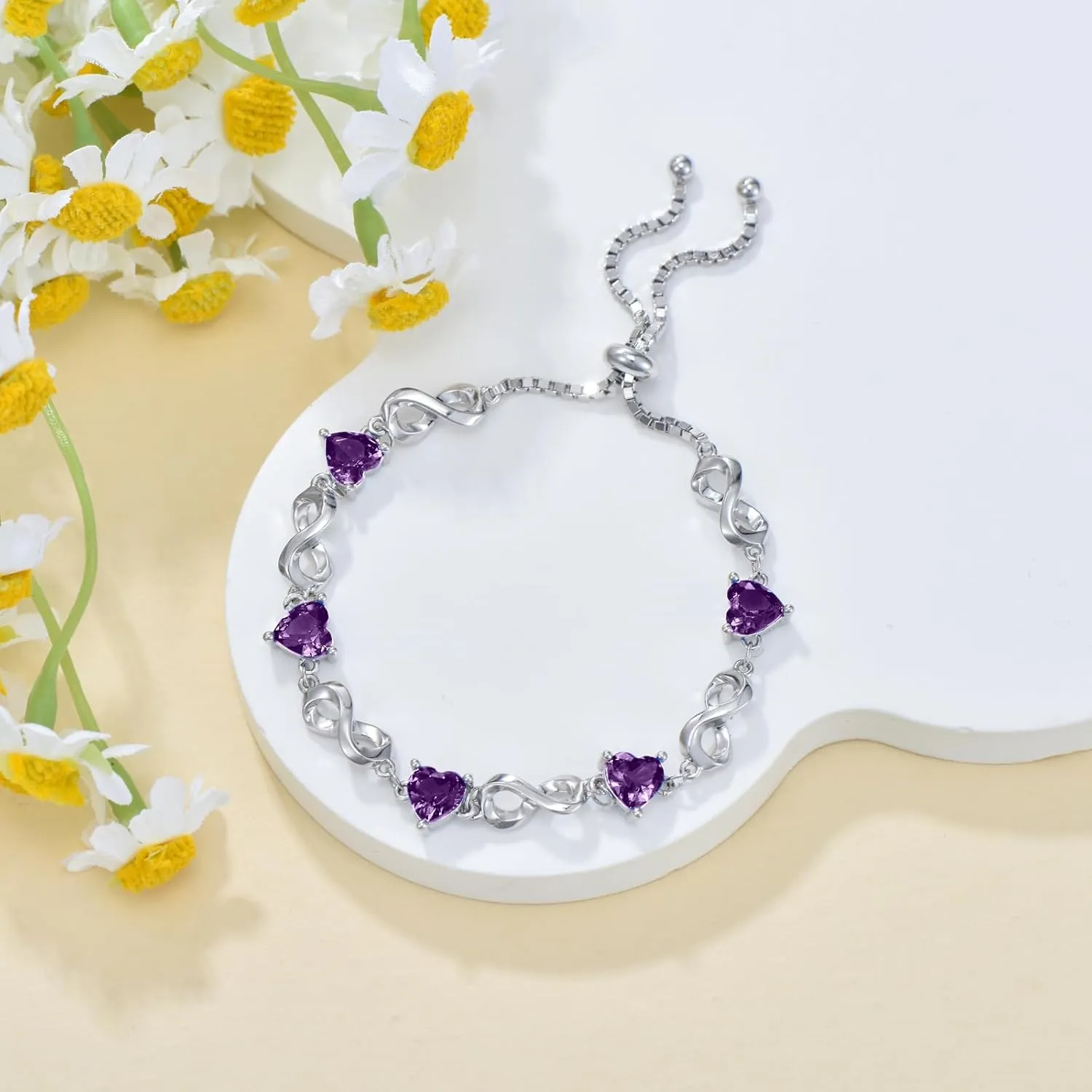 Mother's Day Infinity Love Heart Birthstone Bracelet 925 Sterling Silver Birthday 12 Gemstones Adjustable Bracelets Jewelry for Mother Wife
