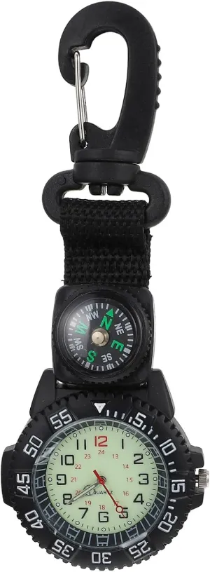 Multifunction Clip-on Sports Pocket Watch with Compass, Black Zinc Alloy, Nylon Strap, Ideal for Hiking, Backpacking, Outdoor Activities