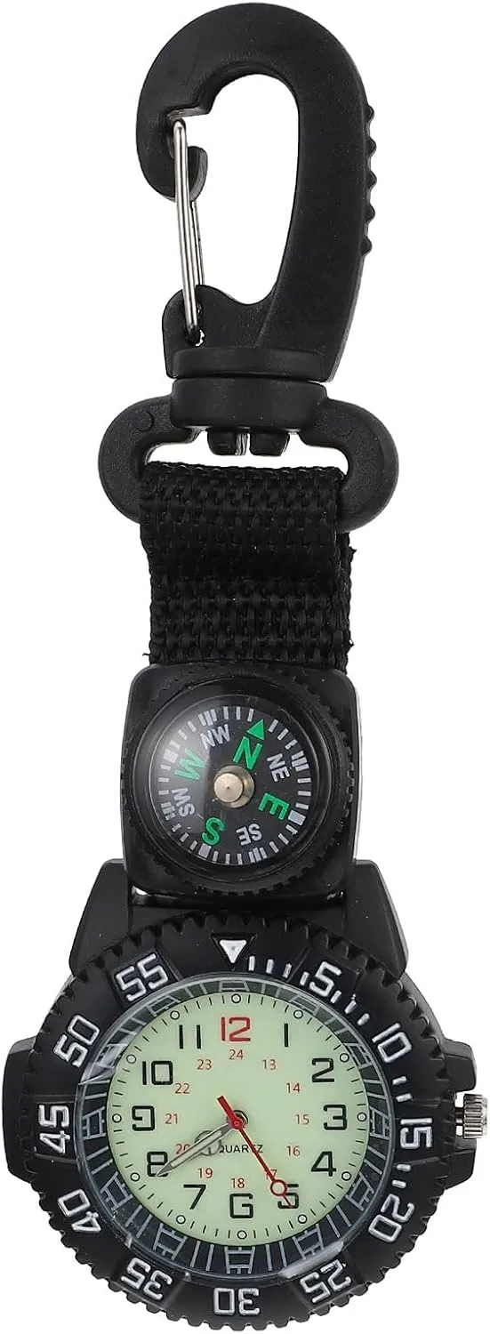 Multifunction Clip-on Sports Pocket Watch with Compass, Black Zinc Alloy, Nylon Strap, Ideal for Hiking, Backpacking, Outdoor Activities