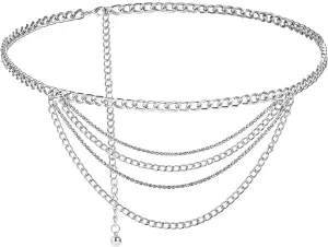 Multilayer Chain Belts for Women, Silver Chain Belt, Rhinestone Metal Waist Chain Belt Belly Body Chain Jewelry for Dress Jeans