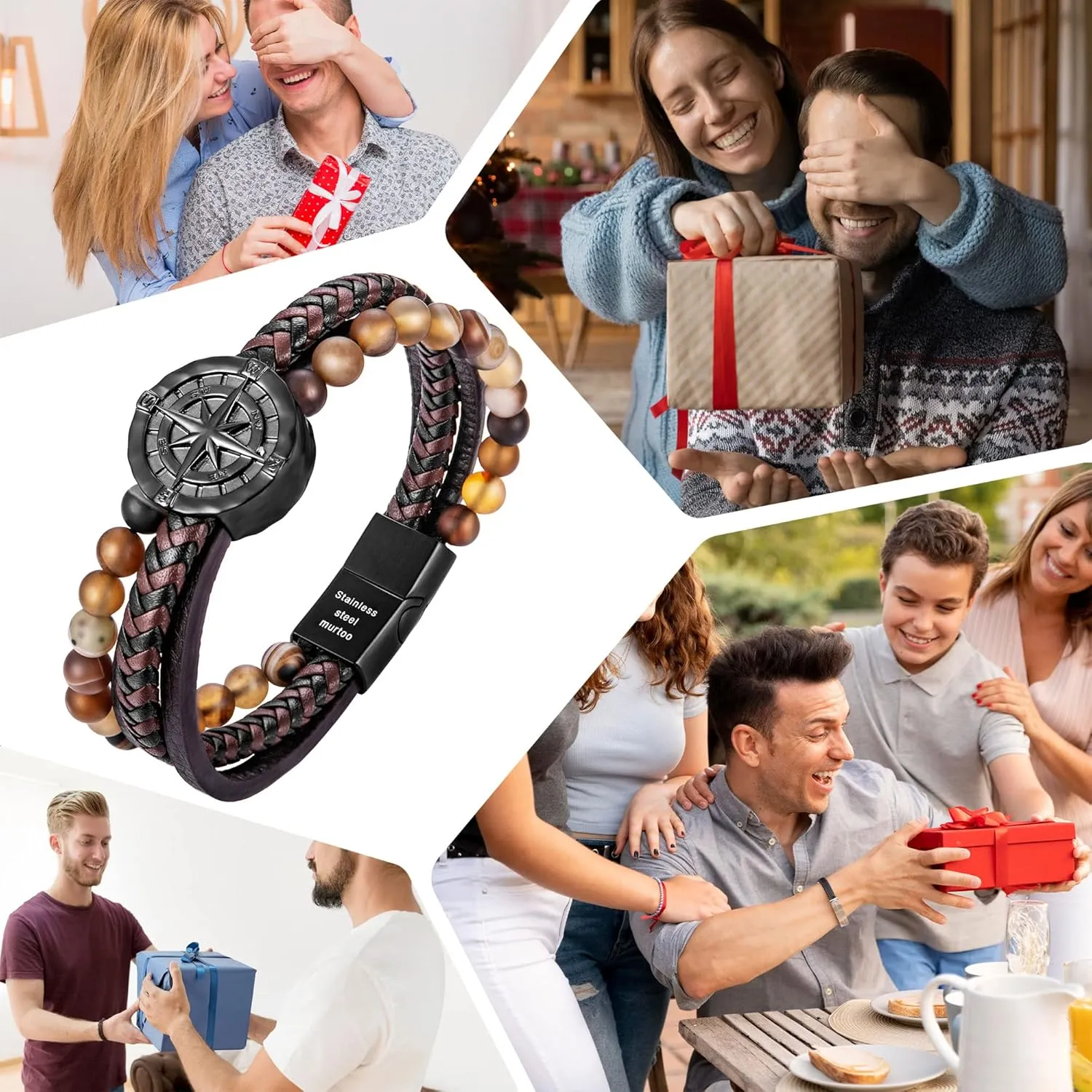 murtoo Men's Bracelet Leather with Compass, Braided Leather Bracelets for Men Magnetic Clasp 7.5/8.5/9.5 inch Gift for Husband Boyfriend Father