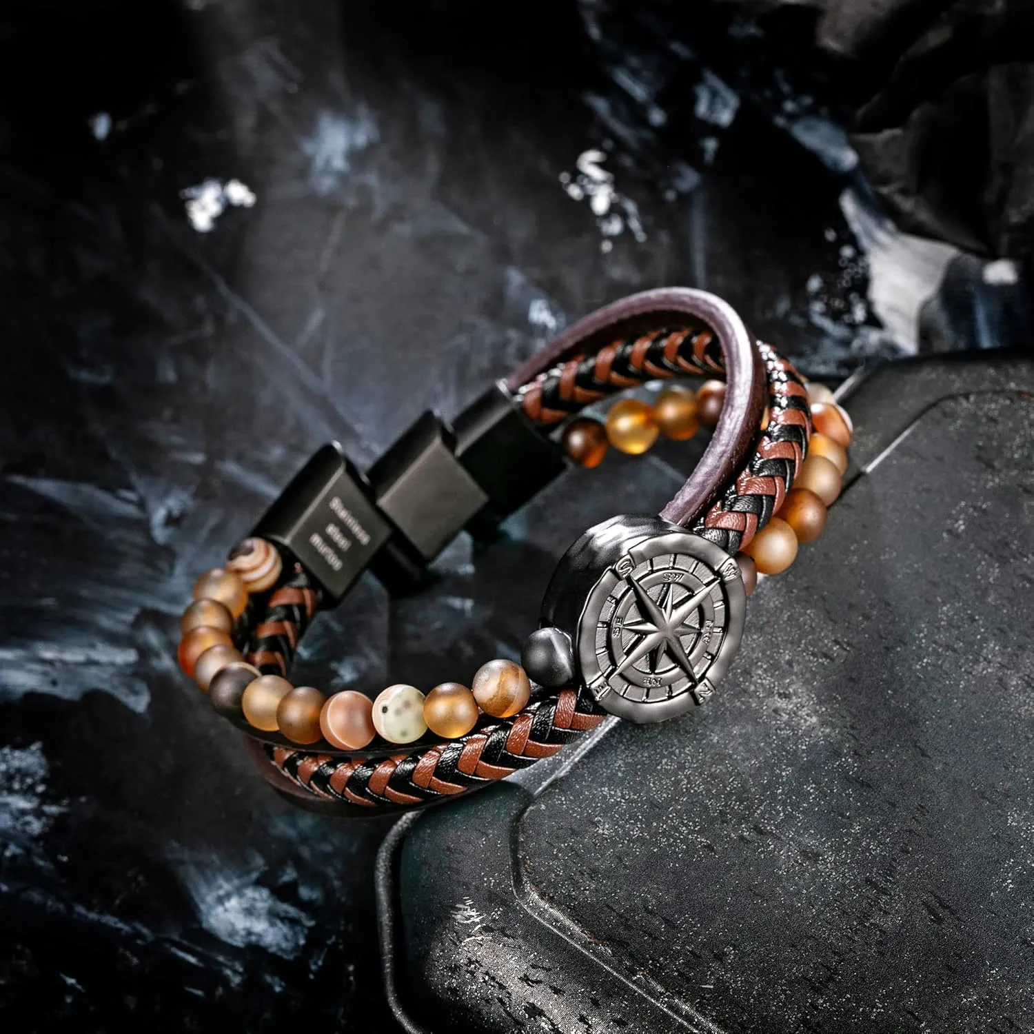 murtoo Men's Bracelet Leather with Compass, Braided Leather Bracelets for Men Magnetic Clasp 7.5/8.5/9.5 inch Gift for Husband Boyfriend Father