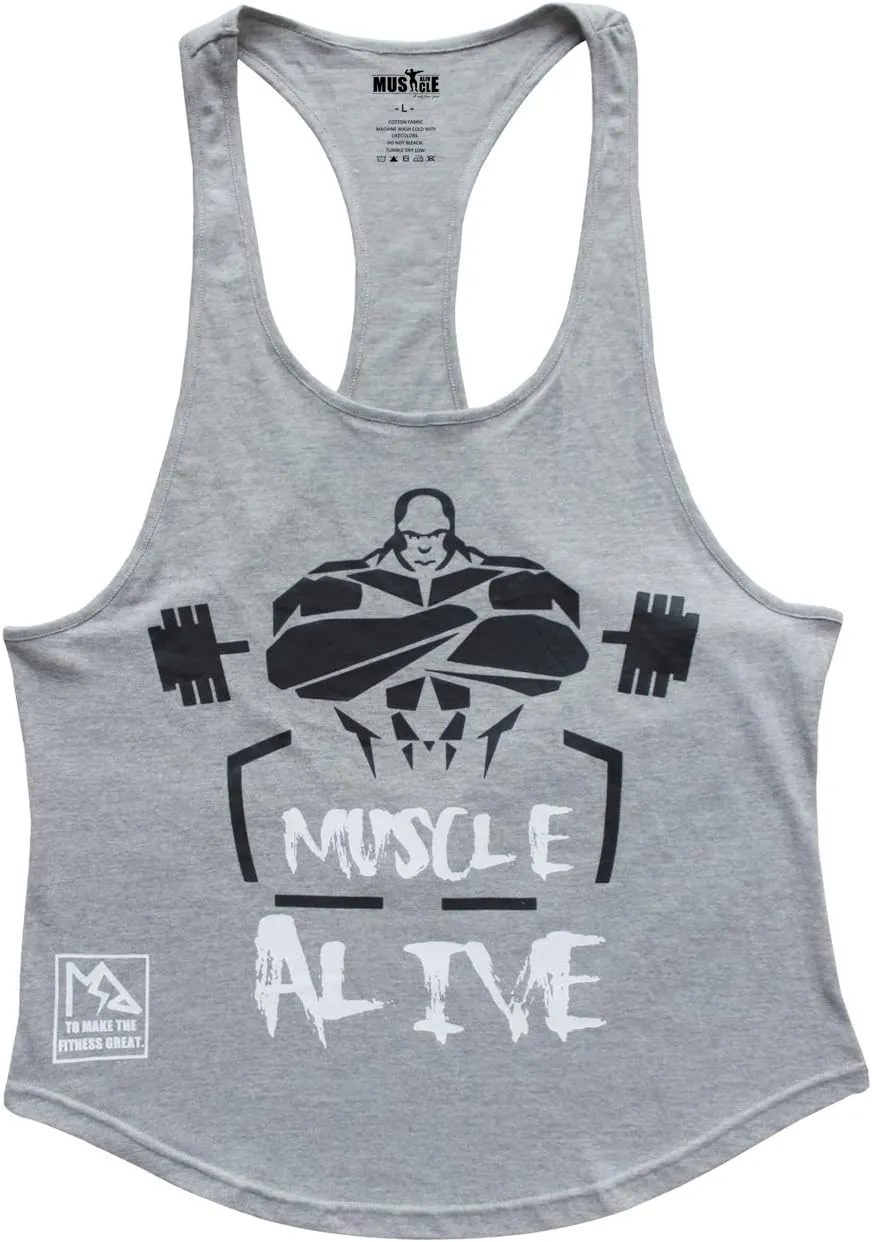Muscle Alive Mens Bodybuilding Stringer Tank Tops Cotton Racerback Arch Hem