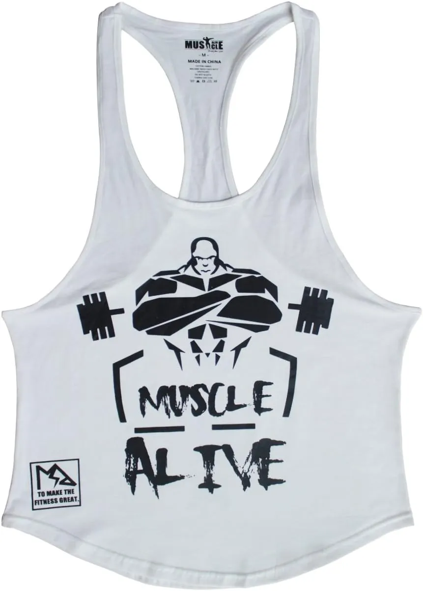 Muscle Alive Mens Bodybuilding Stringer Tank Tops Cotton Racerback Arch Hem