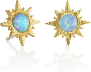 Namana Sunburst Opal Stud Earrings for Women, Dainty Brushed Finish Gold Plated Sun Jewelry with Created Opals, Dainty Gold Stud Earrings for Women with Blue Opals