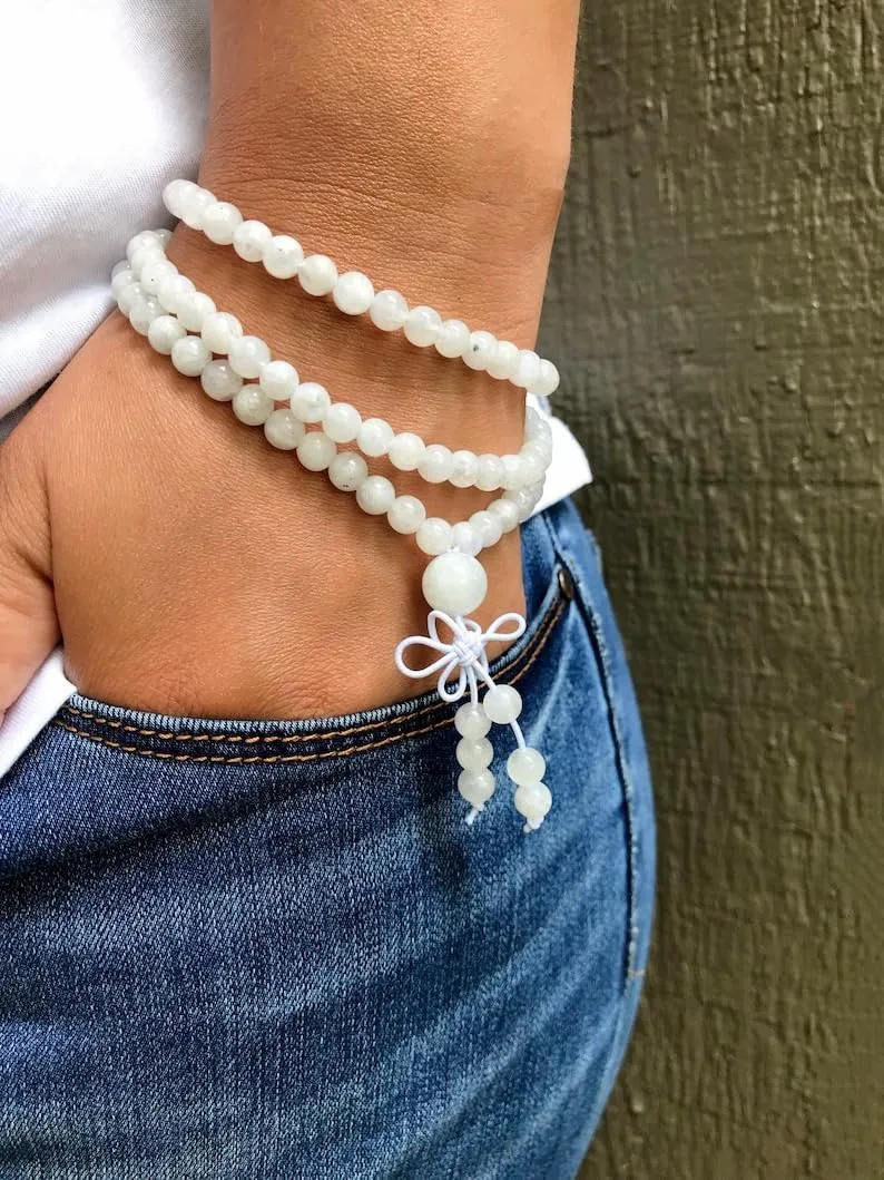 Natural MOONSTONE 6mm-10mm 108 Mala Beads, Spiritual, Meditation Beads, Reiki, Japa Mala, Buddhist Prayer Beads, Yoga Bracelet, healing beads LKMALA-RRGU-1277, 34 inch, white