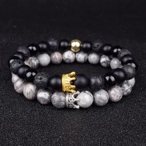 Natural Stone Beads Paired Bracelet Men Fashion Obsidian Lava Crown Charm Couple Bracelets for Women Distance Friendship Jewelry-17 Centimeters_