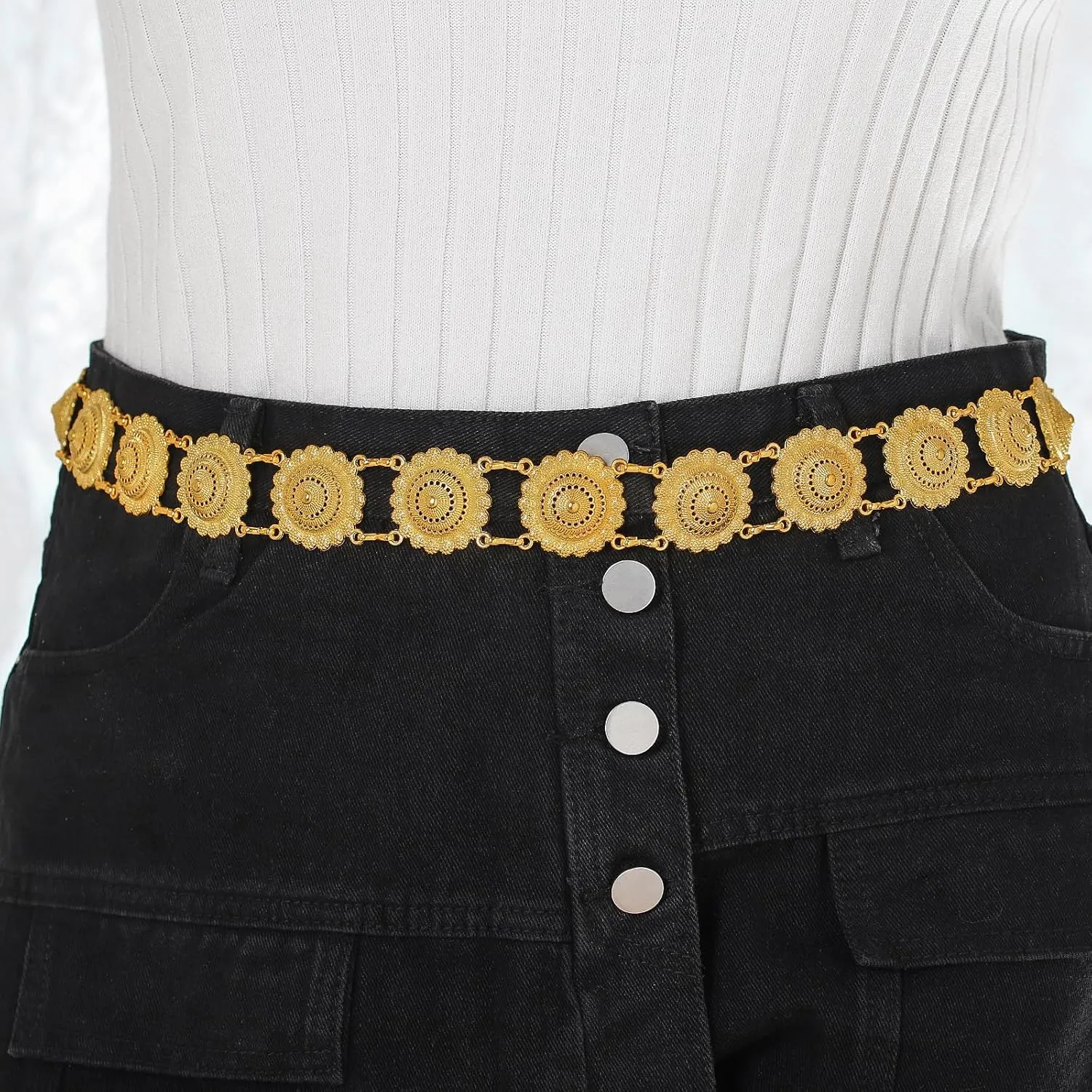 Navoky Boho Gold Belt Women Flower Metal Belts Adjustable Body Link Jewelry for Dress and Jeans