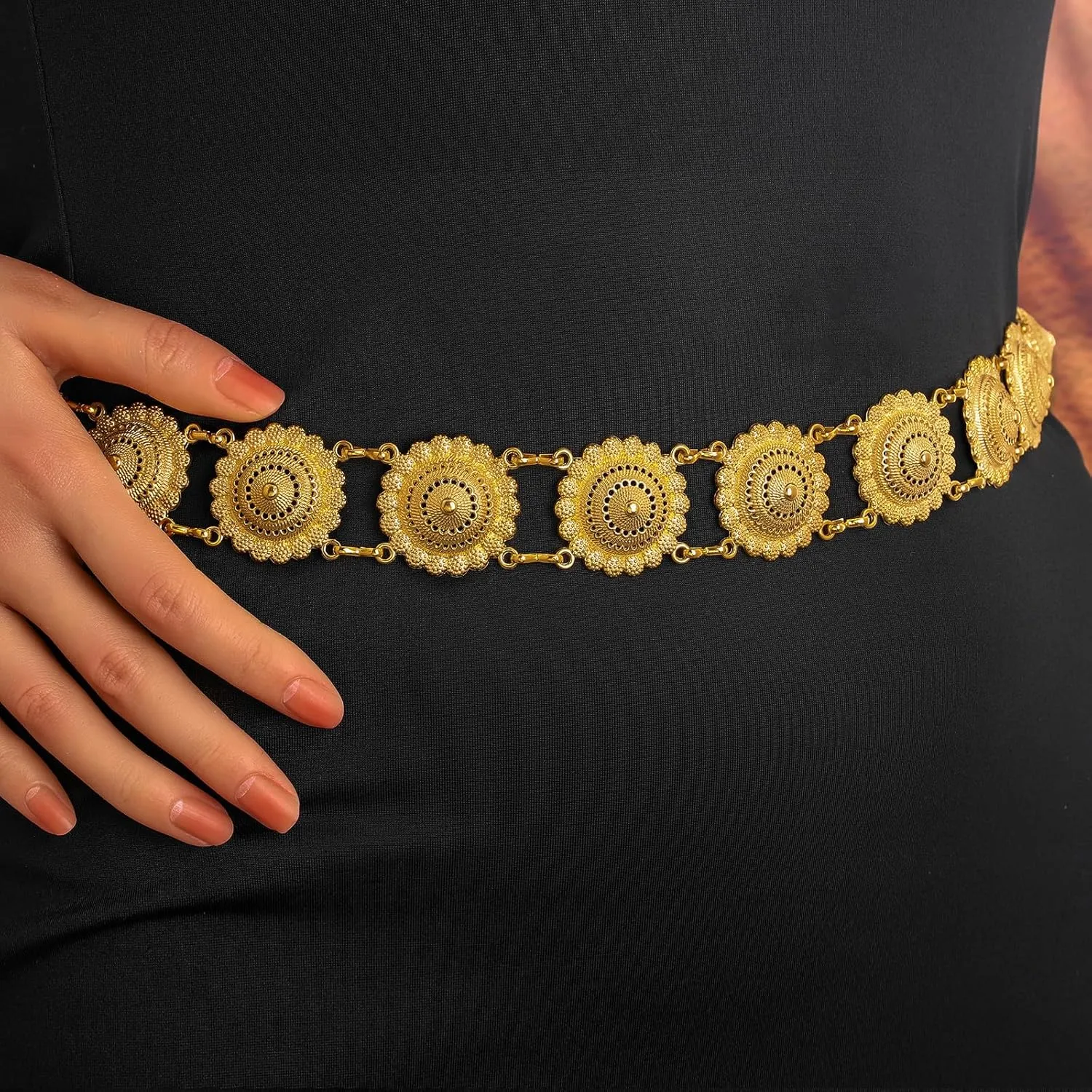 Navoky Boho Gold Belt Women Flower Metal Belts Adjustable Body Link Jewelry for Dress and Jeans