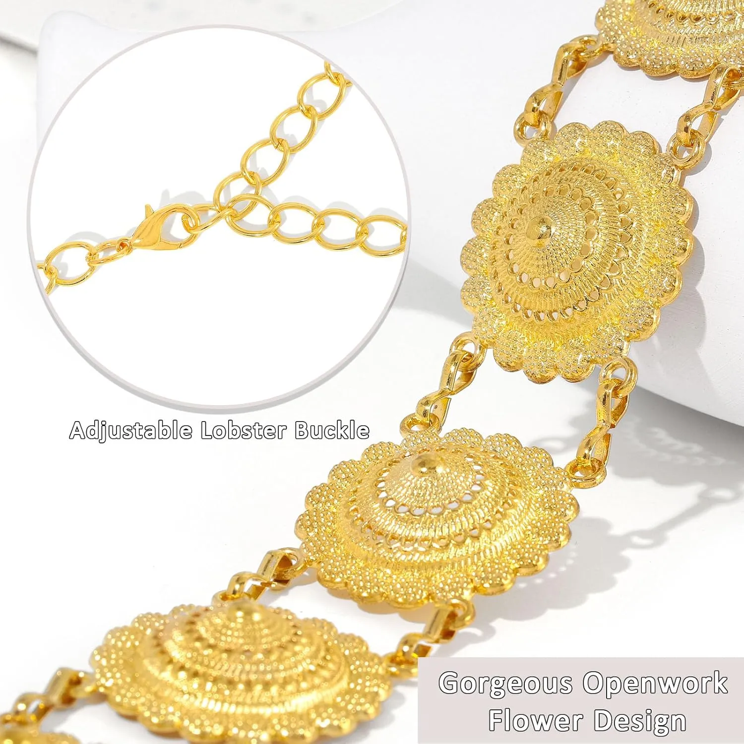 Navoky Boho Gold Belt Women Flower Metal Belts Adjustable Body Link Jewelry for Dress and Jeans