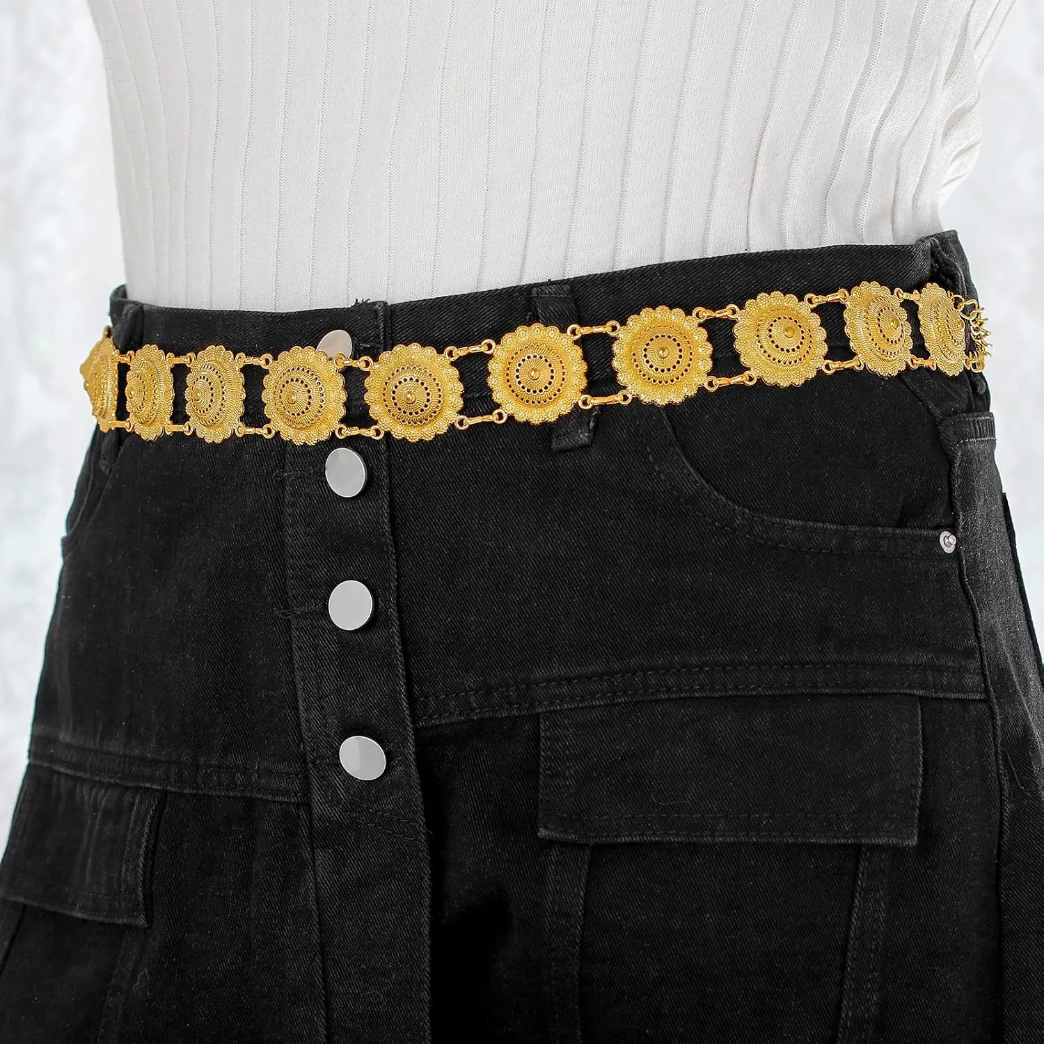 Navoky Boho Gold Belt Women Flower Metal Belts Adjustable Body Link Jewelry for Dress and Jeans