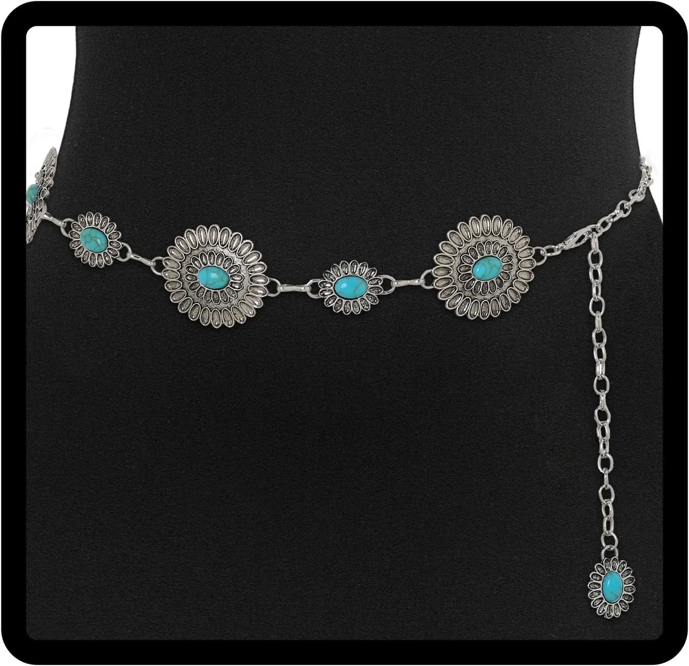 Navoky Concho Western Belt Woman Turquoise Cowgirl Waist Chain Silver Country Concert Outfit Body Jewelry Accessories