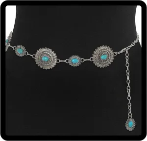 Navoky Concho Western Belt Woman Turquoise Cowgirl Waist Chain Silver Country Concert Outfit Body Jewelry Accessories