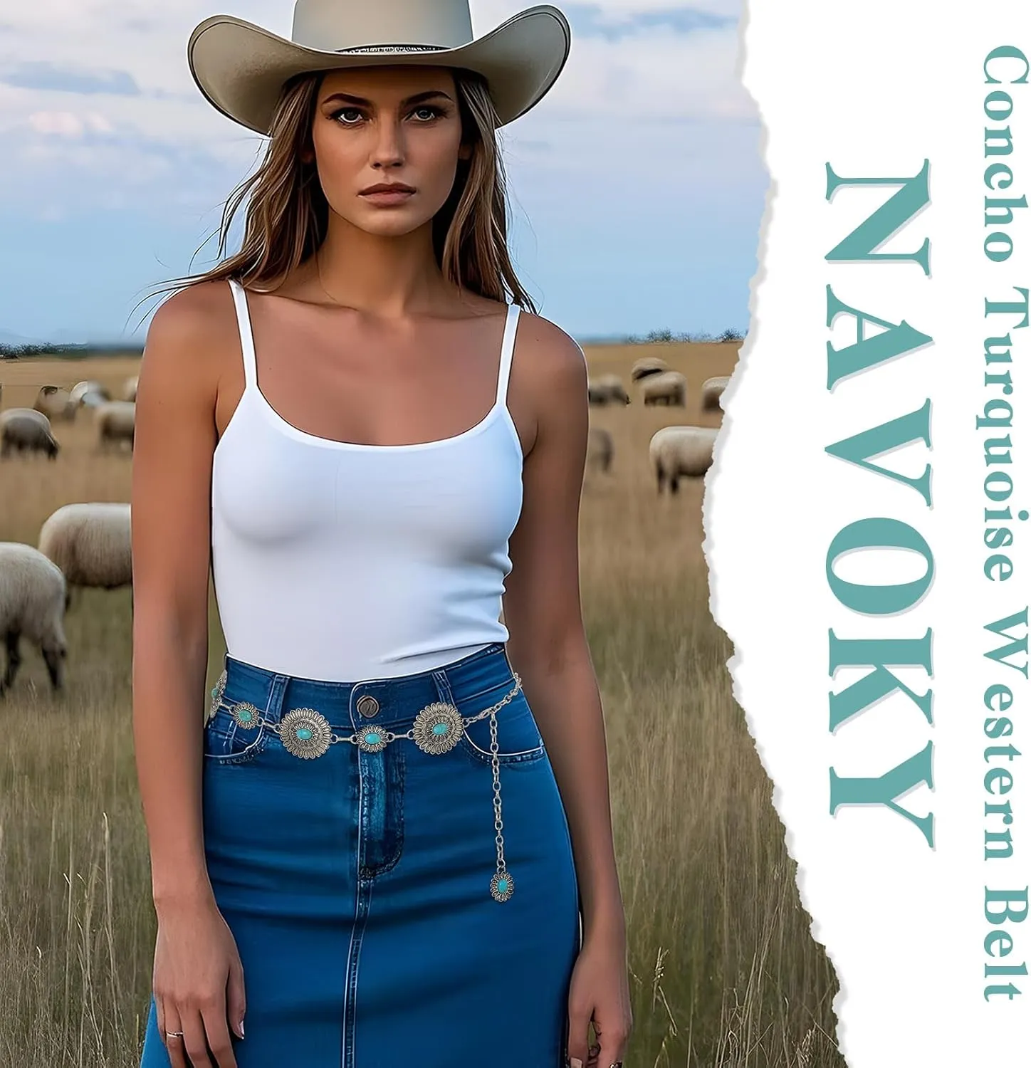 Navoky Concho Western Belt Woman Turquoise Cowgirl Waist Chain Silver Country Concert Outfit Body Jewelry Accessories