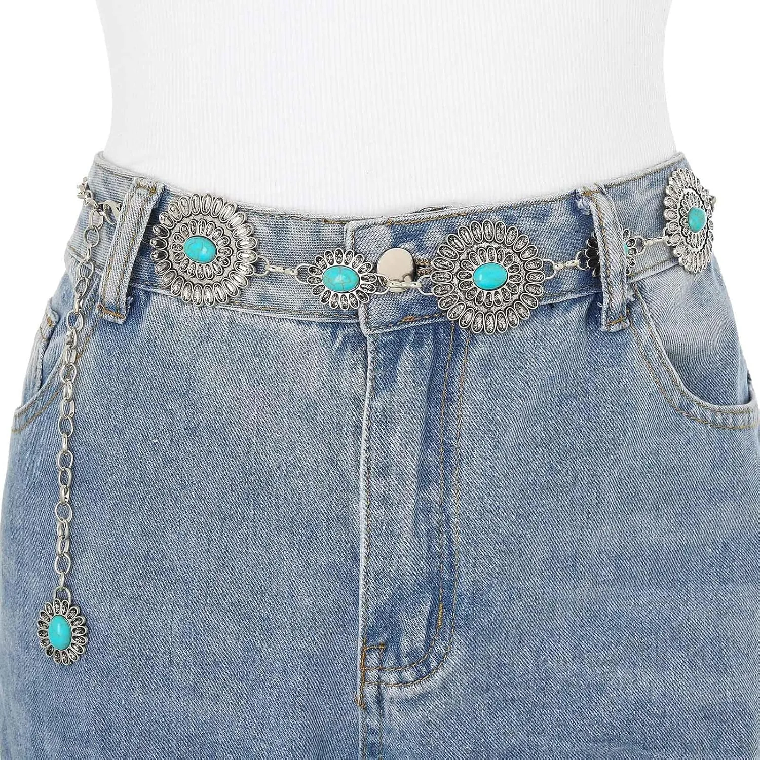 Navoky Concho Western Belt Woman Turquoise Cowgirl Waist Chain Silver Country Concert Outfit Body Jewelry Accessories