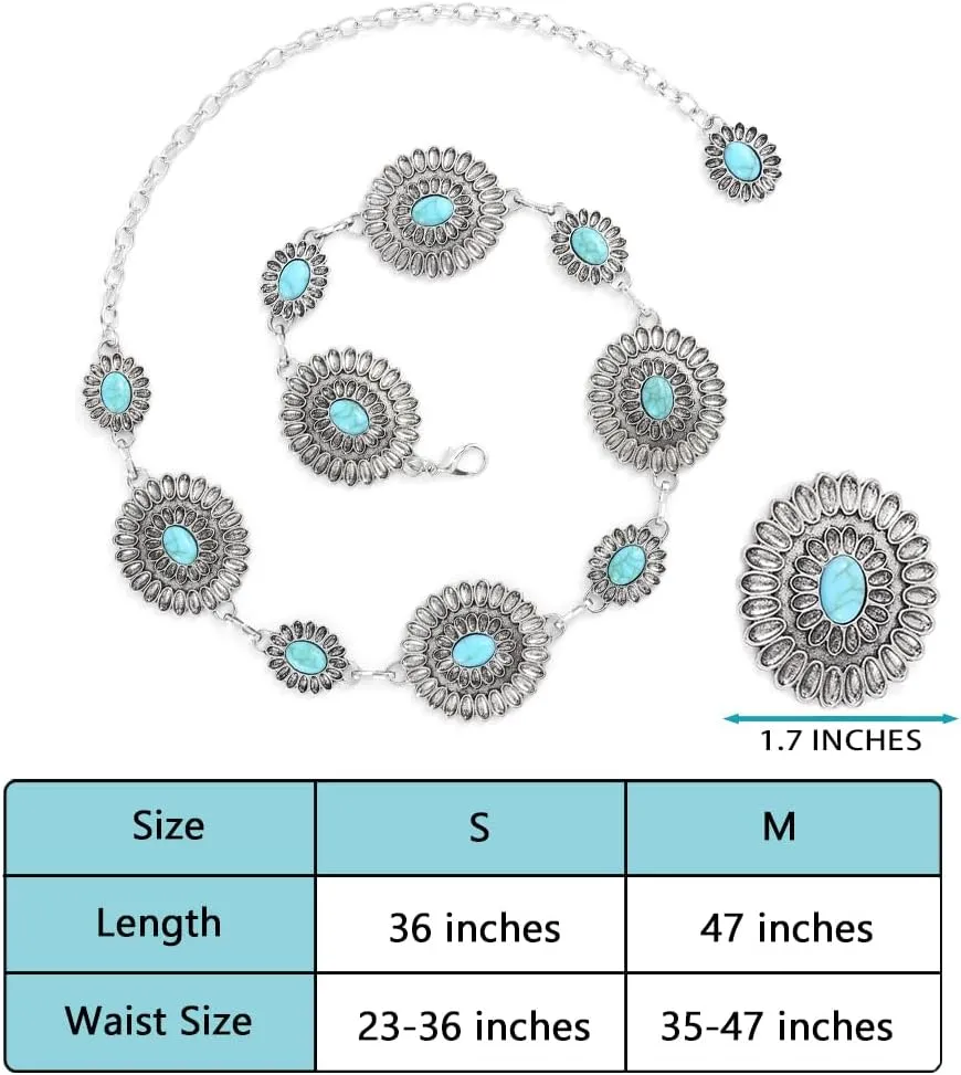 Navoky Concho Western Belt Woman Turquoise Cowgirl Waist Chain Silver Country Concert Outfit Body Jewelry Accessories