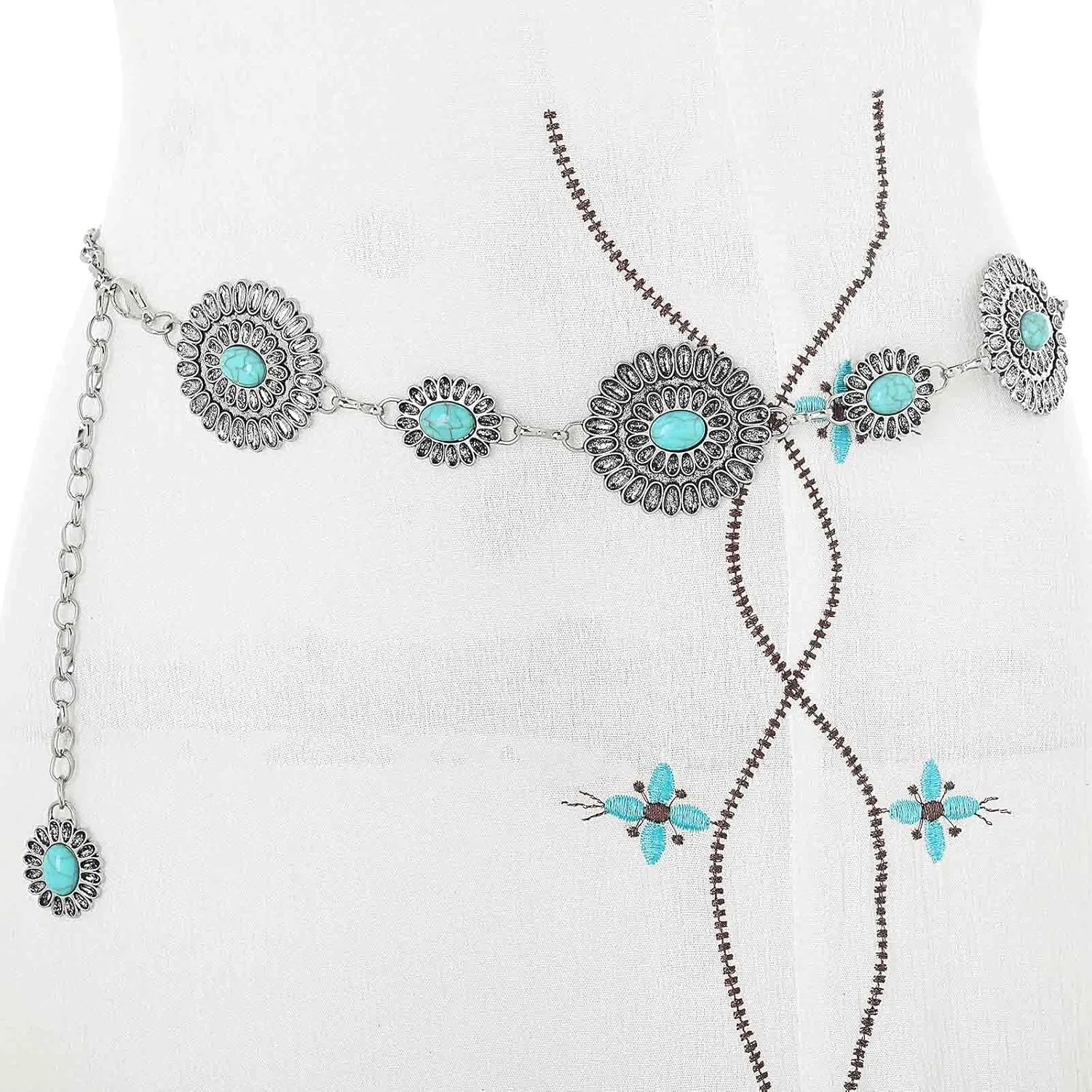 Navoky Concho Western Belt Woman Turquoise Cowgirl Waist Chain Silver Country Concert Outfit Body Jewelry Accessories