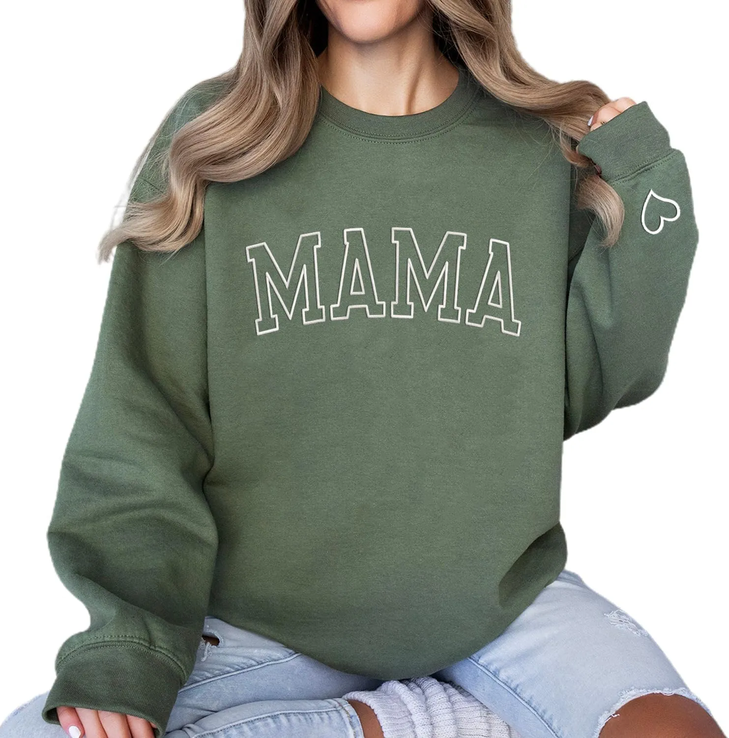 NAZENTI Embroidered Mama Sweatshirt, Mothers Day Sweatshirt Gifts for Mom Mama, Embroidered Crewneck Sweatshirt for Women