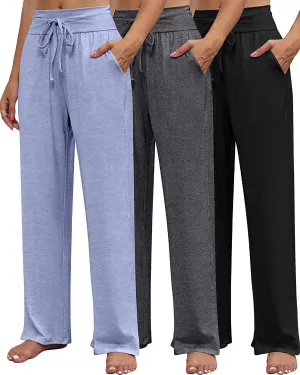 Neer 3 Pack Women's Lounge Pants Wide Leg Yoga Sweatpants with Pockets High Waisted Drawstring Lounge Loose Workout Jogger