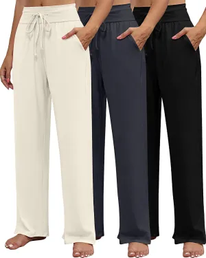 Neer 3 Pack Women's Lounge Pants Wide Leg Yoga Sweatpants with Pockets High Waisted Drawstring Lounge Loose Workout Jogger