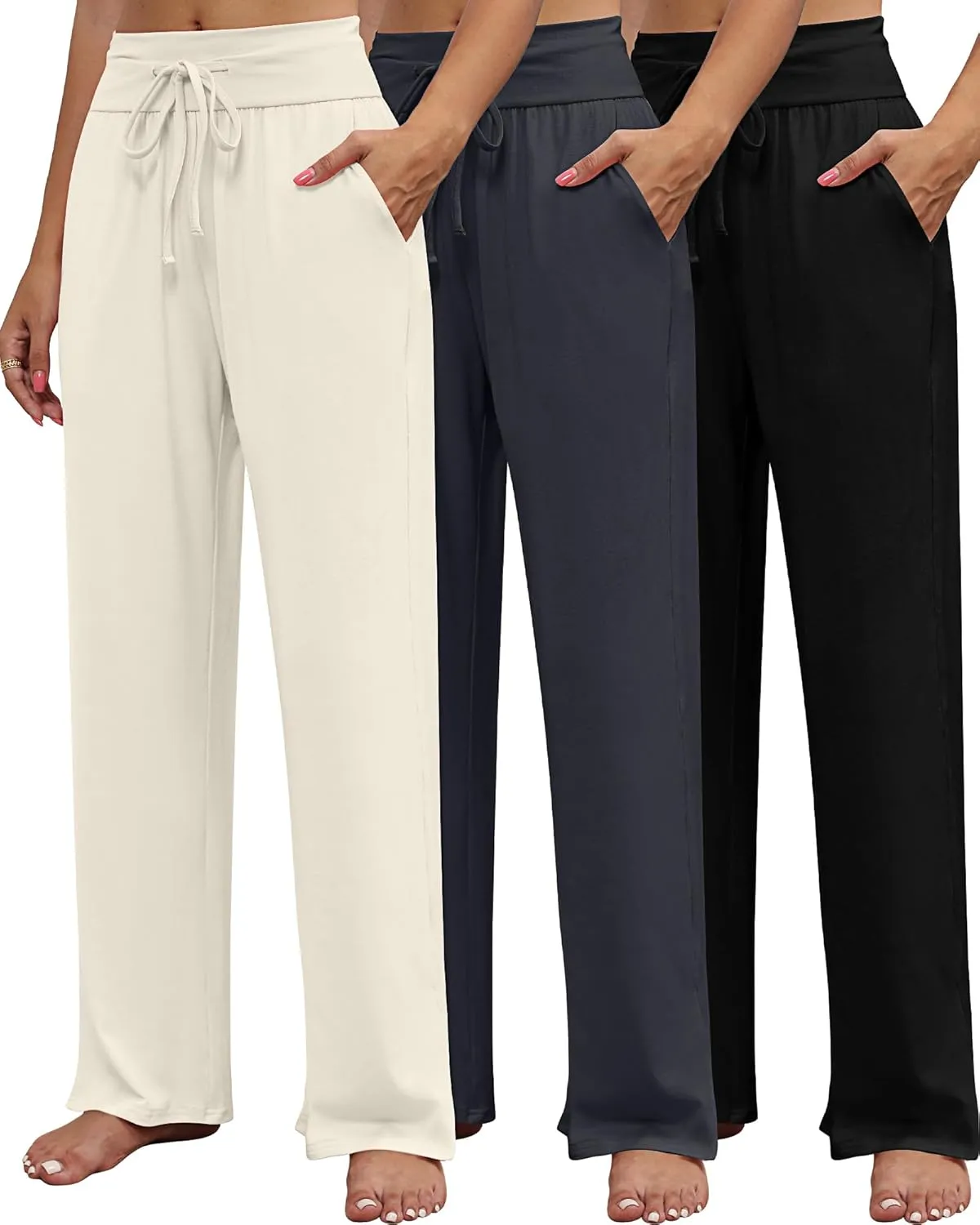 Neer 3 Pack Women's Lounge Pants Wide Leg Yoga Sweatpants with Pockets High Waisted Drawstring Lounge Loose Workout Jogger