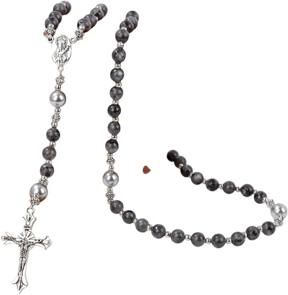 New 2026 Unisex Natural Labradorite Tiger Eye Stone Bracelet Catholic Christ Rosary Cross Pendant Bracelets Men Meditation Prayer Jewelry Gift With For You Accessories Trendy Creative Women And