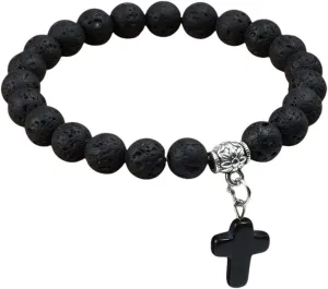 New 2026 Unisex Natural Stone Cross Beaded Bracelets Charm Women Men Black Lava Rock Bead Onyx Stretch Strand Bracelet&bangle Prayer Jewelry Findings Fashion Trendy Accessories Creative Gift For And