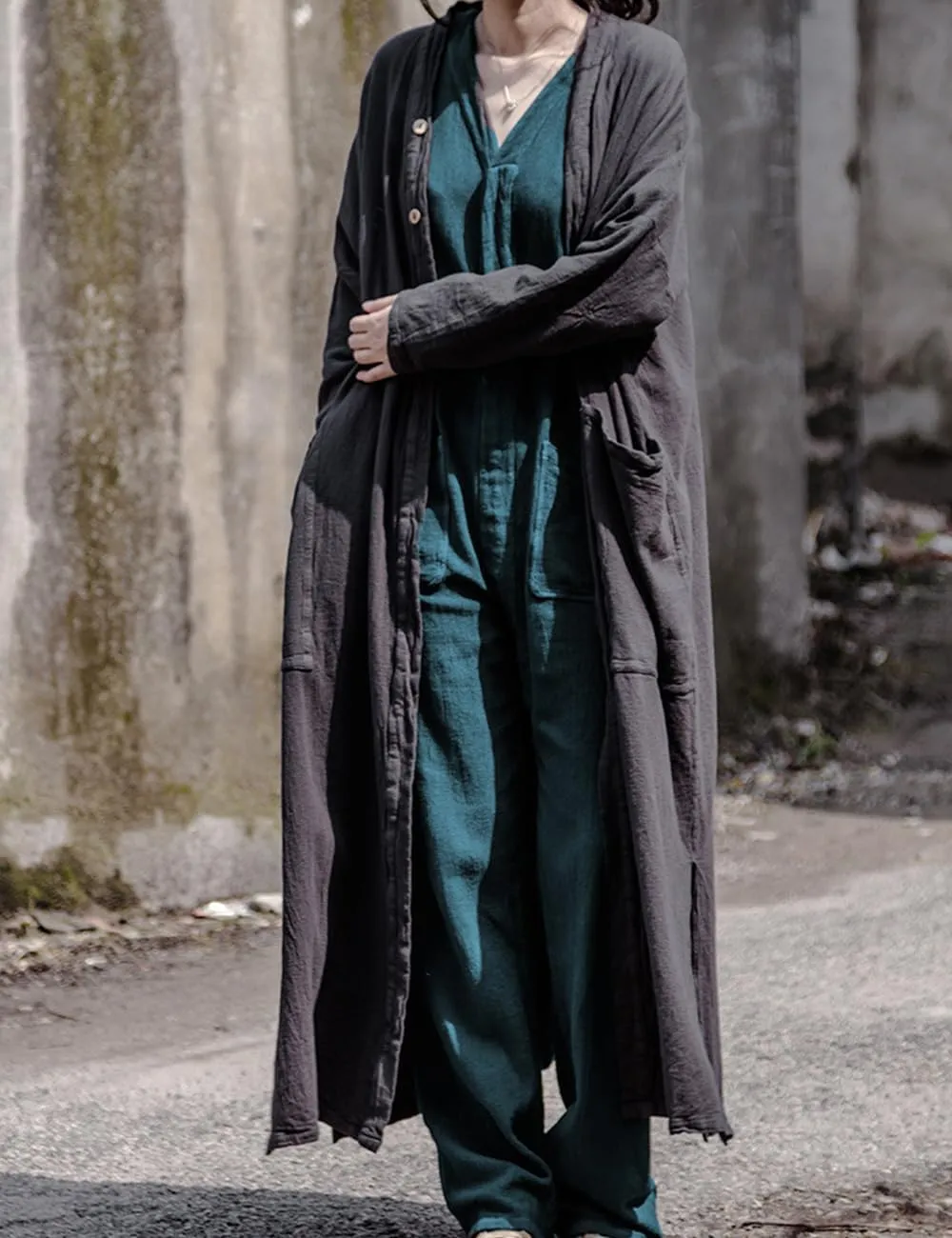 NFYM Women Long Length Trench Coat Open Front Cardigan Kimono Long Sleeve Maxi Duster with Pockets