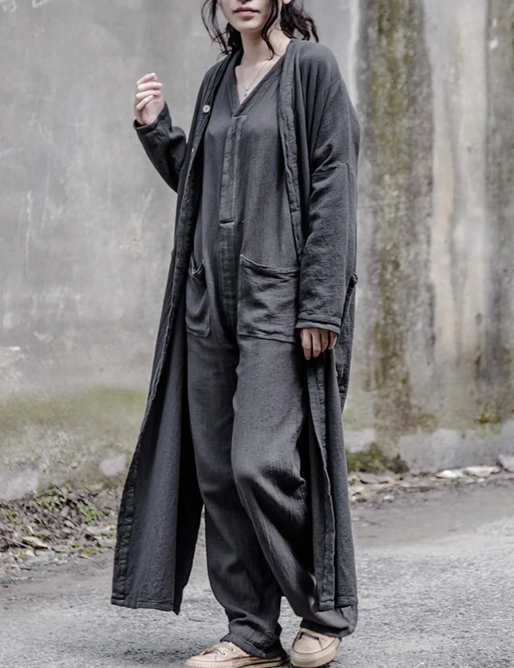 NFYM Women Long Length Trench Coat Open Front Cardigan Kimono Long Sleeve Maxi Duster with Pockets