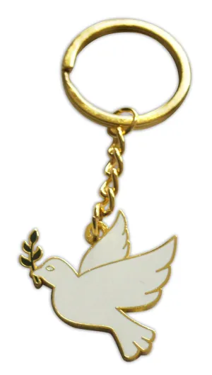 Novel Merk White Dove with Olive Branch Enamel Keychain with Key Ring