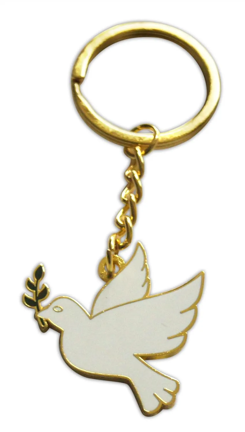 Novel Merk White Dove with Olive Branch Enamel Keychain with Key Ring