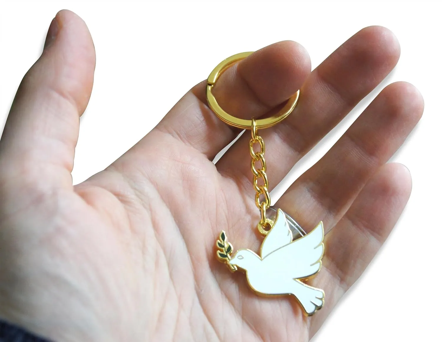 Novel Merk White Dove with Olive Branch Enamel Keychain with Key Ring
