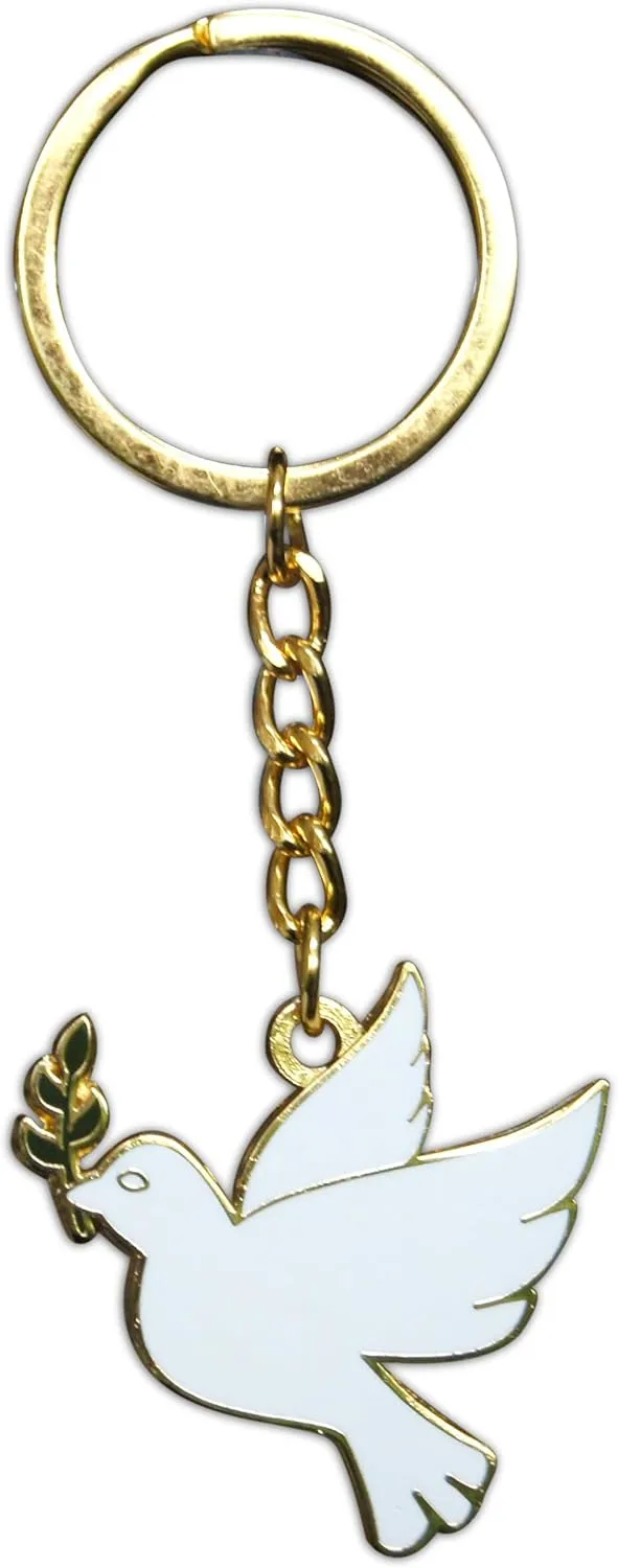 Novel Merk White Dove with Olive Branch Enamel Keychain with Key Ring