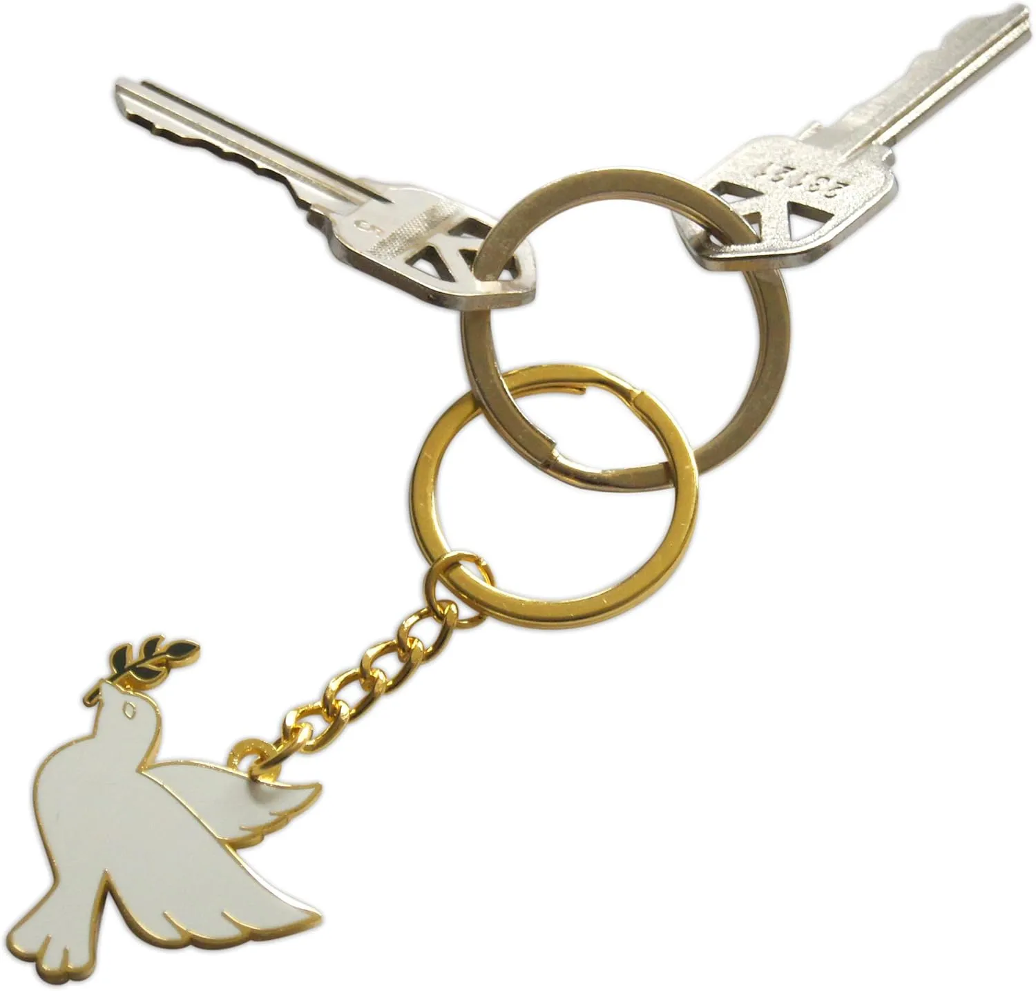 Novel Merk White Dove with Olive Branch Enamel Keychain with Key Ring