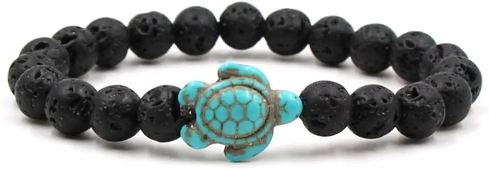 Ocean Sea Turtle Bracelets Save Beach Jewelry for Women Men 8MM Natural Stone Elastic Friendship Beads Bracelet (Lava Rock)