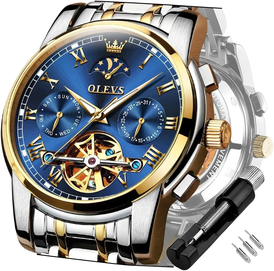 OLEVS Mens Watch Automatic Mechanical Tourbillon Self Winding Blue Dial Luxury Stainless Steel Date Calendar Week Waterproof Luminous Wrist Watch