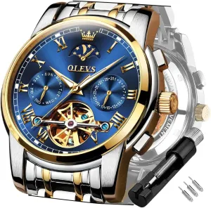 OLEVS Mens Watch Automatic Mechanical Tourbillon Self Winding Blue Dial Luxury Stainless Steel Date Calendar Week Waterproof Luminous Wrist Watch