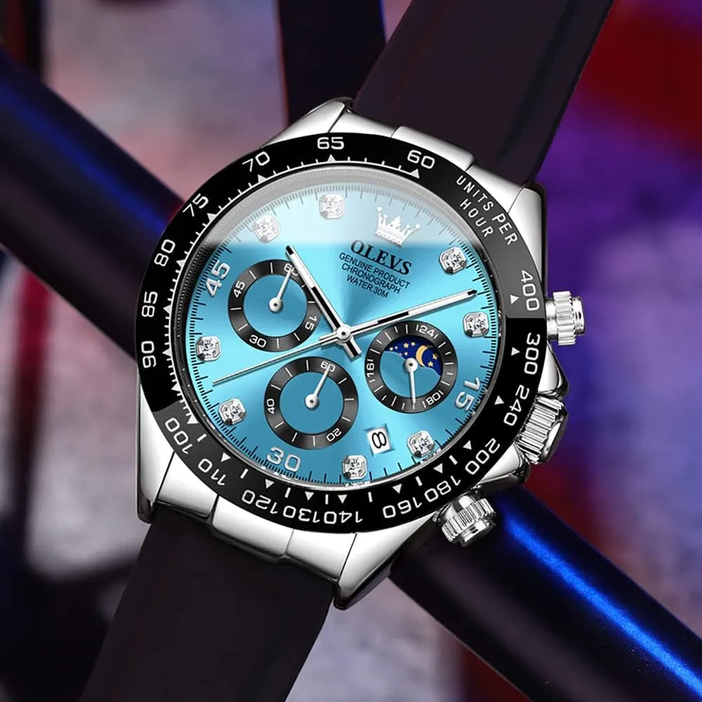 OLEVS Men's Watches Chronograph Multifunction Sport Silicone Luxury Diamond Moon Phase Quartz Male Watch Waterproof Wrist Watch 
