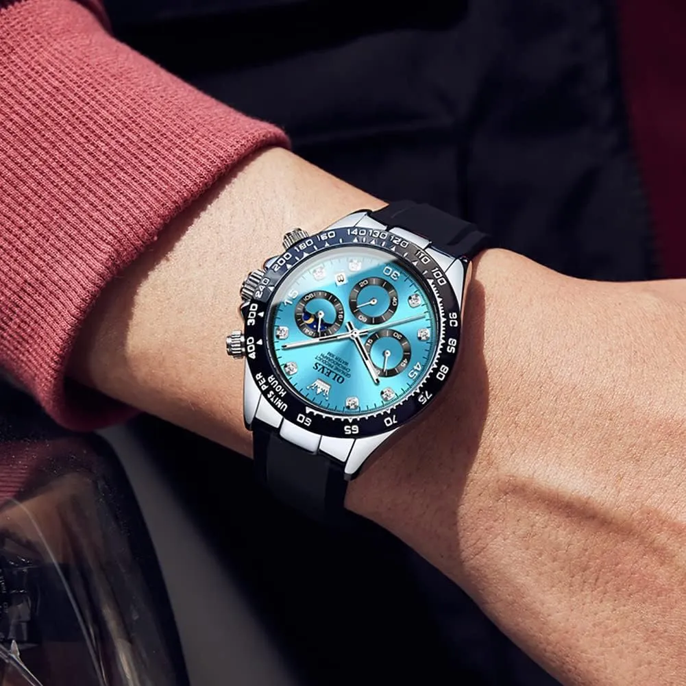 OLEVS Men's Watches Chronograph Multifunction Sport Silicone Luxury Diamond Moon Phase Quartz Male Watch Waterproof Wrist Watch 