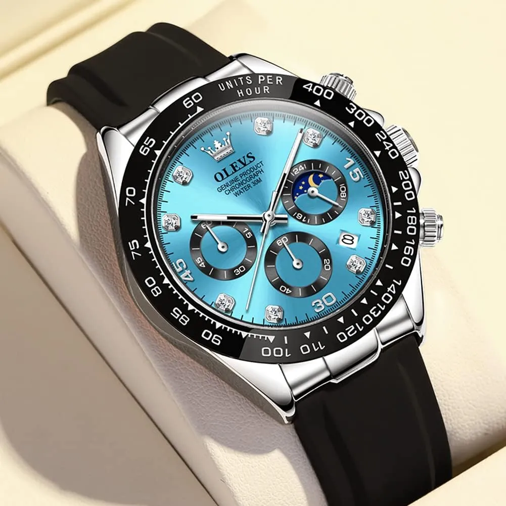 OLEVS Men's Watches Chronograph Multifunction Sport Silicone Luxury Diamond Moon Phase Quartz Male Watch Waterproof Wrist Watch 
