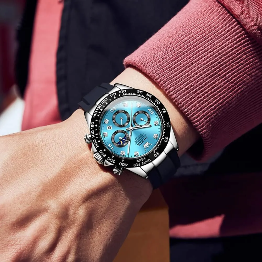 OLEVS Men's Watches Chronograph Multifunction Sport Silicone Luxury Diamond Moon Phase Quartz Male Watch Waterproof Wrist Watch 