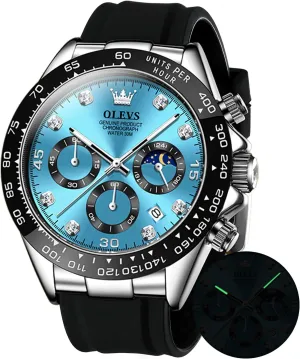 OLEVS Men's Watches Chronograph Multifunction Sport Silicone Luxury Diamond Moon Phase Quartz Male Watch Waterproof Wrist Watch 