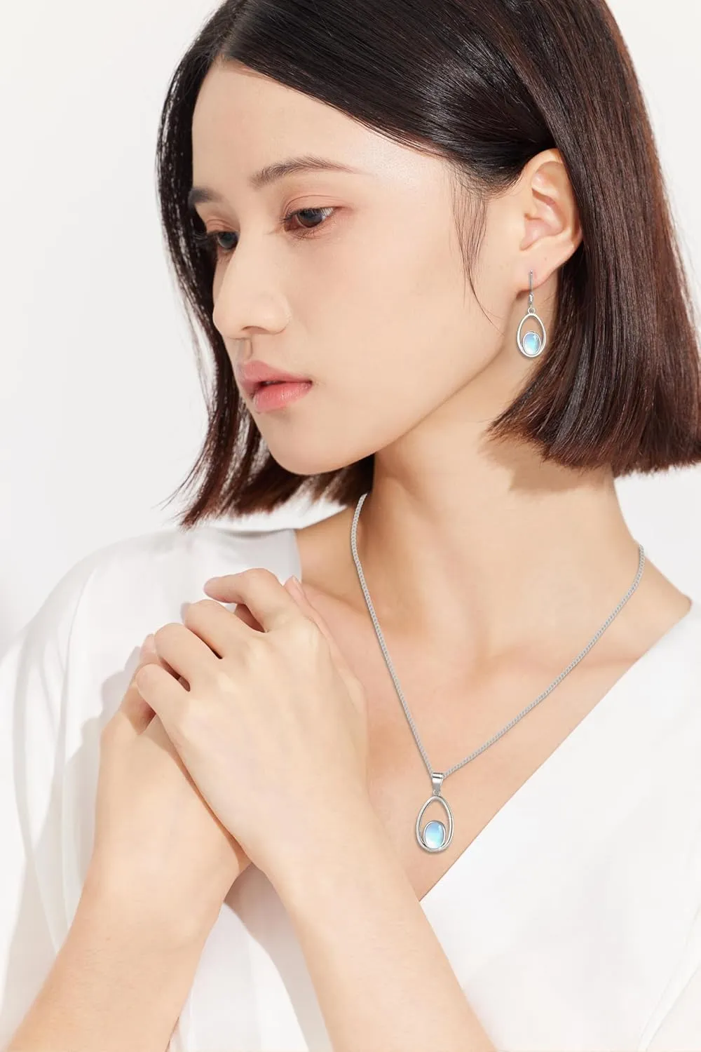 Opal Moonstone Jewelry Set 925 Sterling Silver Necklace and Earring for Women Opal Moonstone Jewelry Gifts for Sensitive Ears for Birthday Christmas