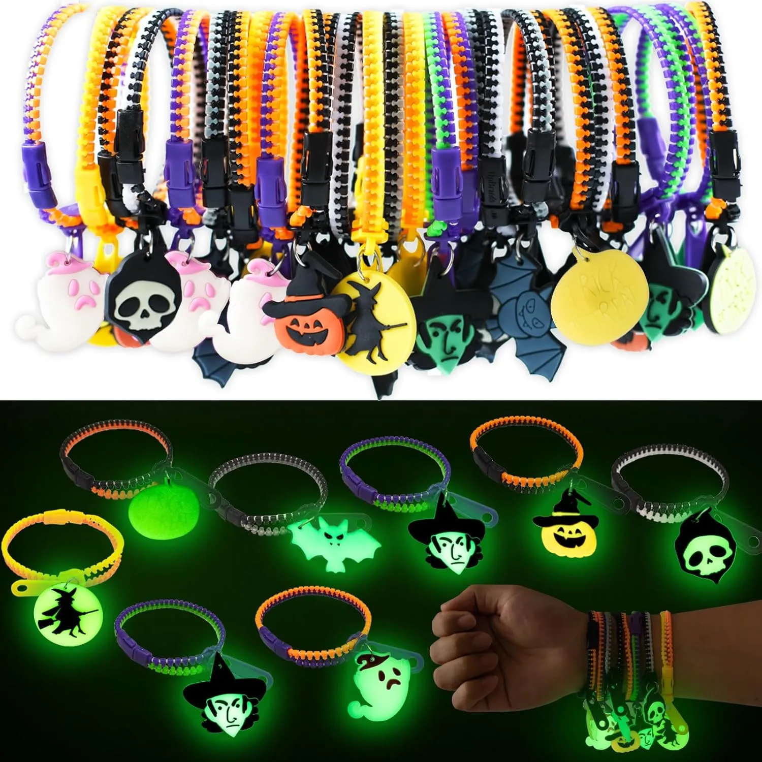 OuMuaMua Kids Halloween Party Favors Zipper Bracelets, 28 Pack Glow in the Dark Halloween Zipper Wristbands for Kids Gifts, Giveaways,Goodie Bag Fillers