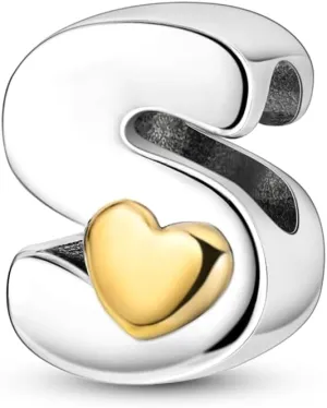 Parmuz 925 Sterling Silver Letter Charms A-Z for Bracelets Necklace Golden Heart Alphabet Initial Beads Pendant Jewelry Gift for Women