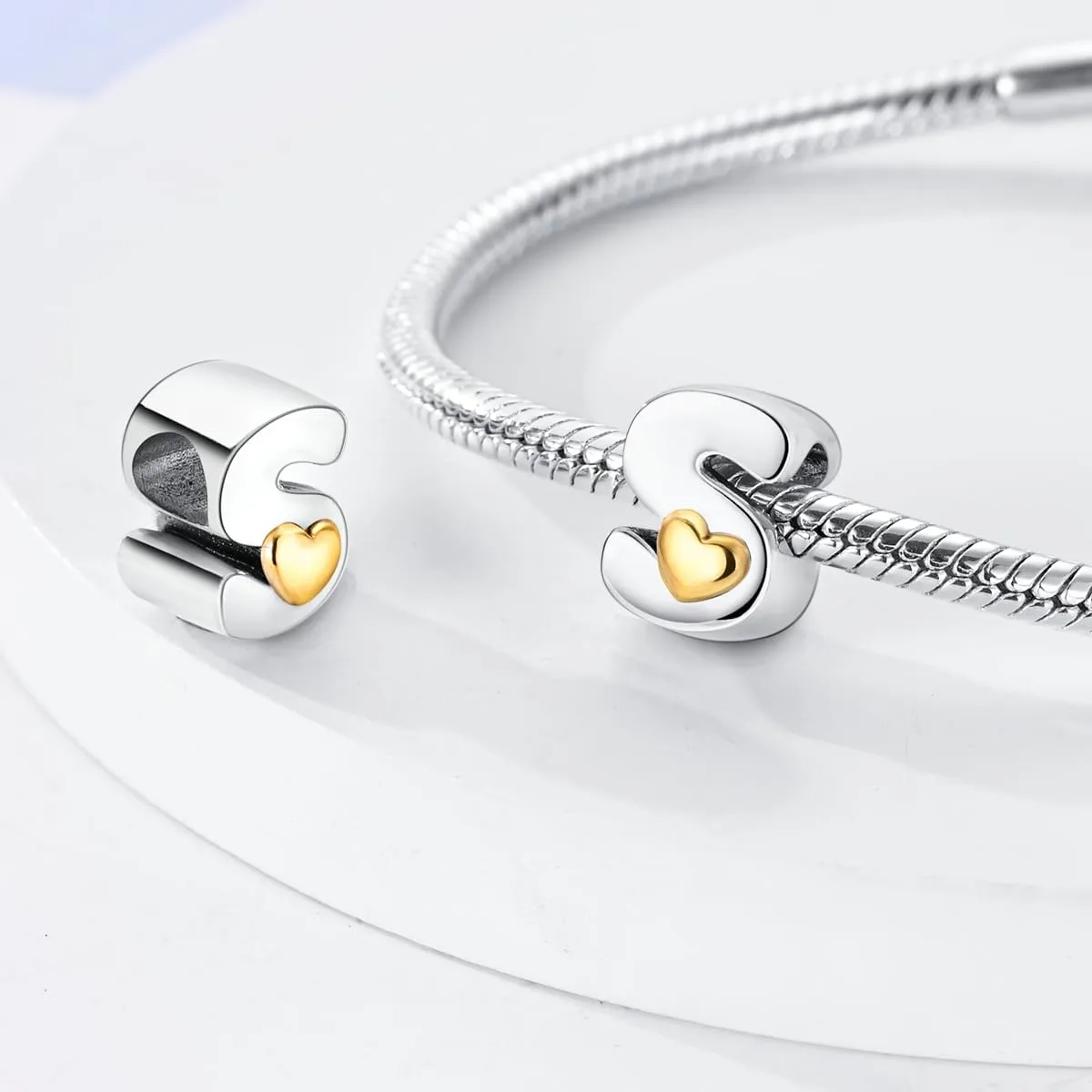 Parmuz 925 Sterling Silver Letter Charms A-Z for Bracelets Necklace Golden Heart Alphabet Initial Beads Pendant Jewelry Gift for Women