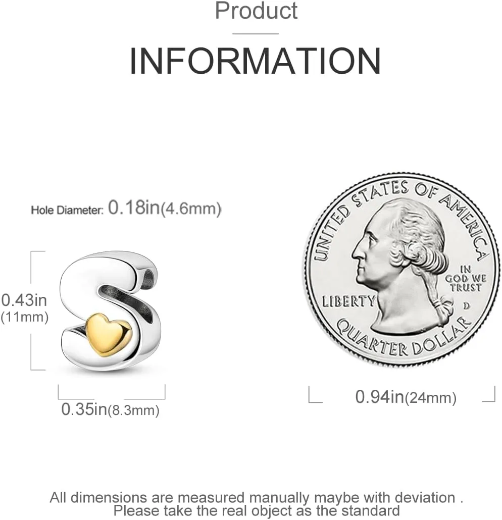 Parmuz 925 Sterling Silver Letter Charms A-Z for Bracelets Necklace Golden Heart Alphabet Initial Beads Pendant Jewelry Gift for Women