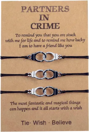 Partners in Crime Handcuff Bracelets for Women Men Distance Matching Pinky Promise Best Friend BFF Friendship Couple Girlfriend Boyfriend Birthday Gift 3 PCS