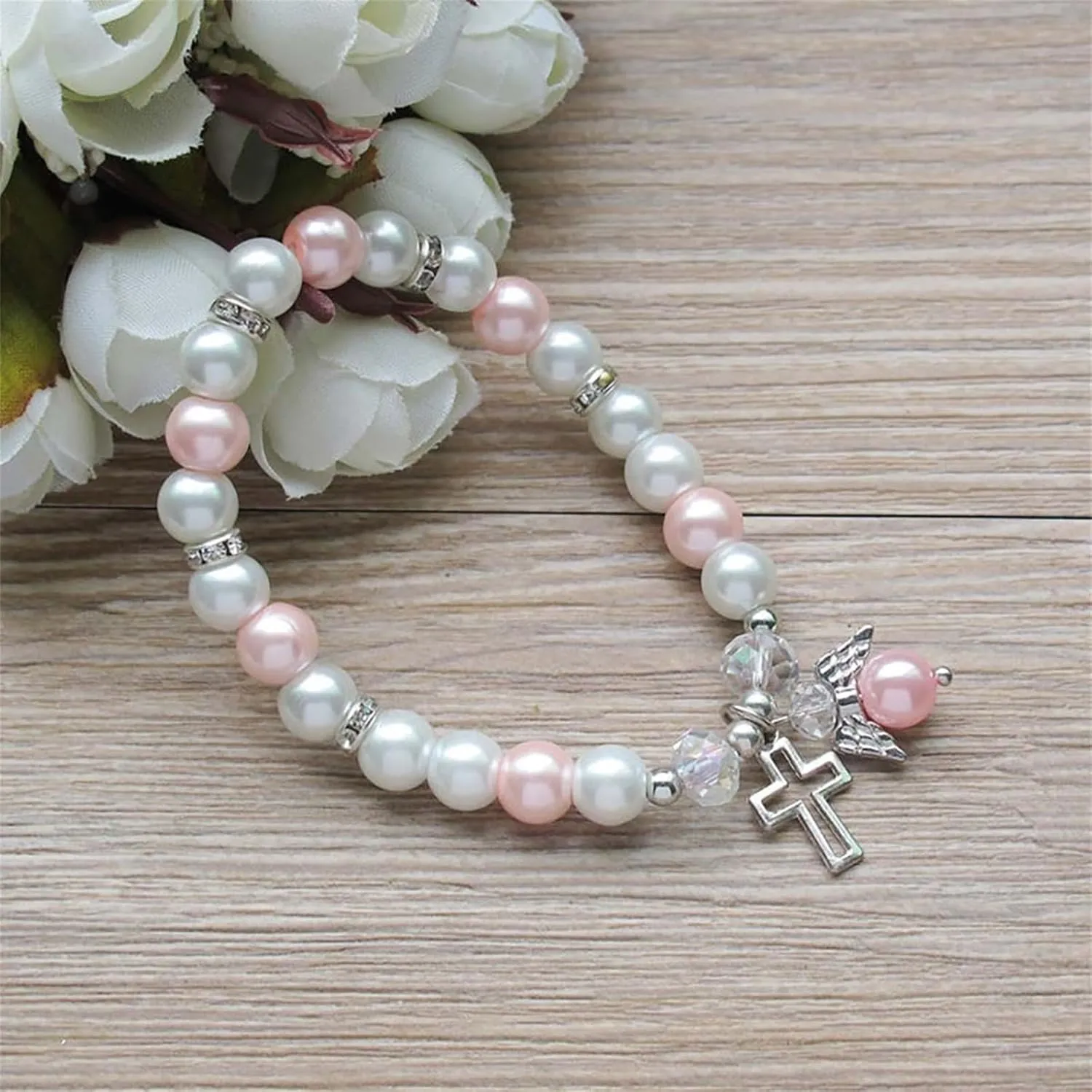 Pearl Cross Bracelet for Women Dainty Charm Hollow Cross Angel Pendant Bracelet Hanmade Elastic force Adjustable Christian Bracelet Religious Beaded Bracelets Catholic First 1st Communion Easter Gifts