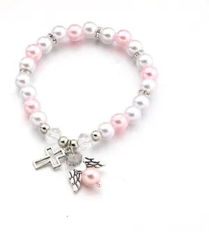 Pearl Cross Bracelet for Women Dainty Charm Hollow Cross Angel Pendant Bracelet Hanmade Elastic force Adjustable Christian Bracelet Religious Beaded Bracelets Catholic First 1st Communion Easter Gifts